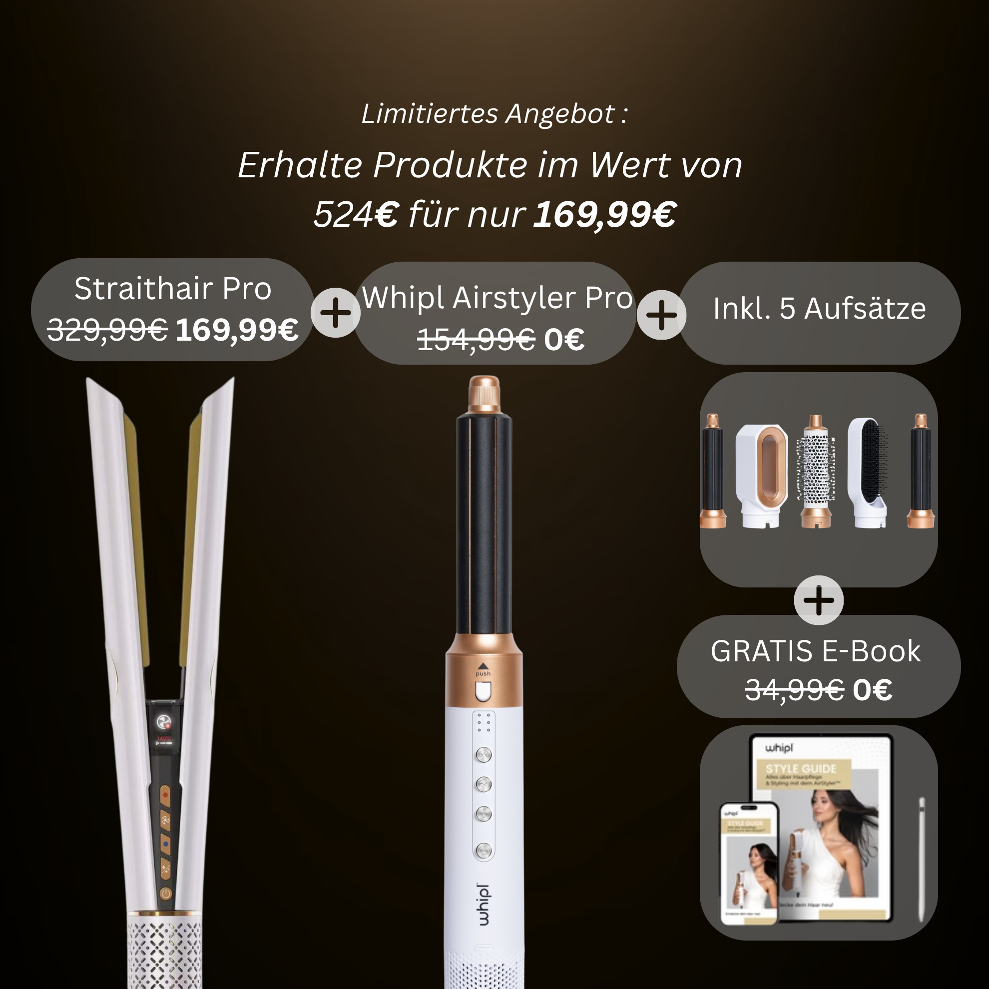 Whipl™ Straithair Pro - Prostownica + DARMOWA lokówka w komplecie. 5 załączników